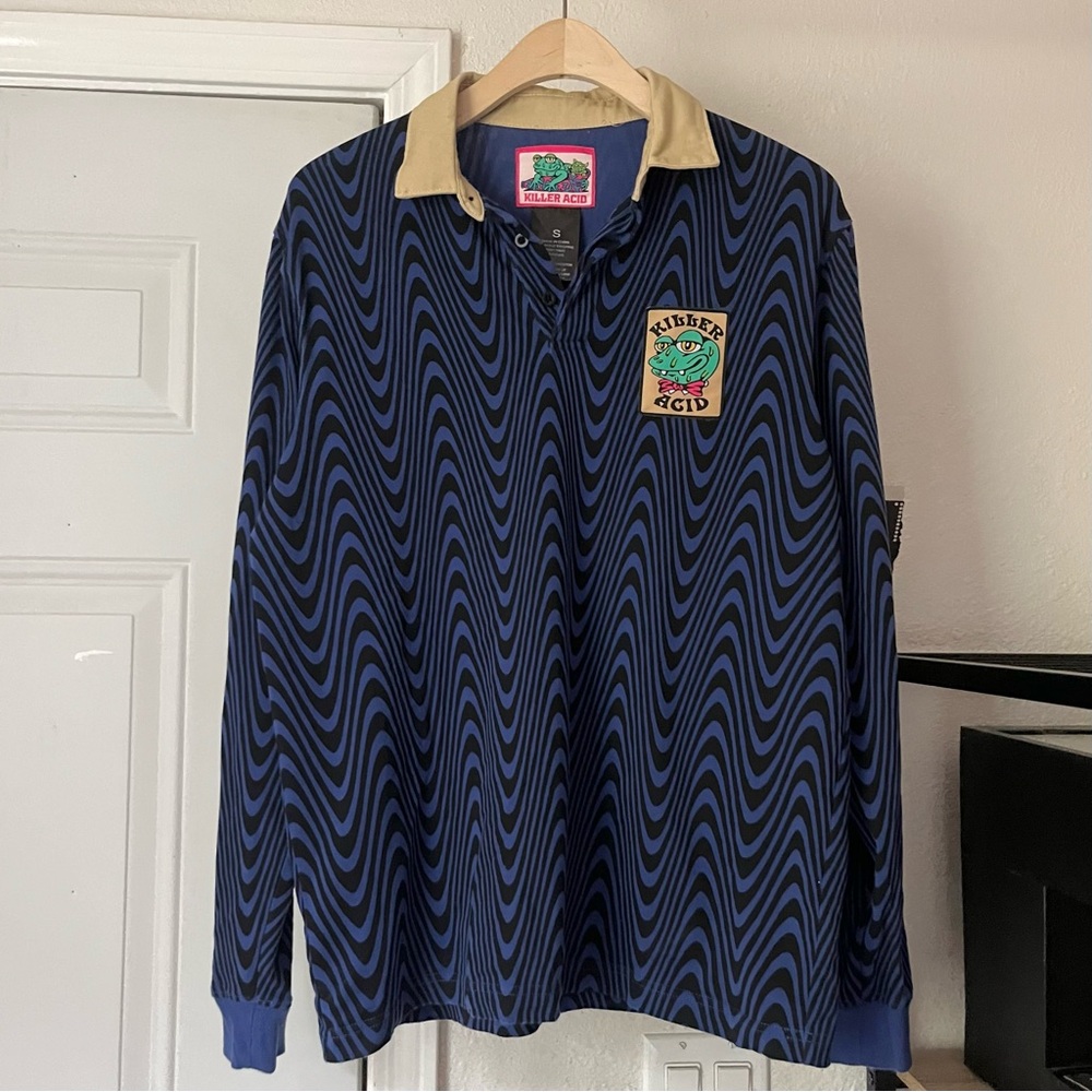 KILLER ACID blue black wave wavy swirl psychedelic patch polo cotton shirt